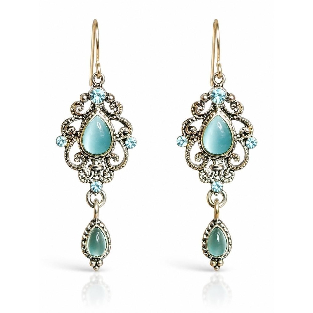Aqua Cat's Eye Rhinestone Filigree Dangle Earrings Silver Tone Boho Victorian